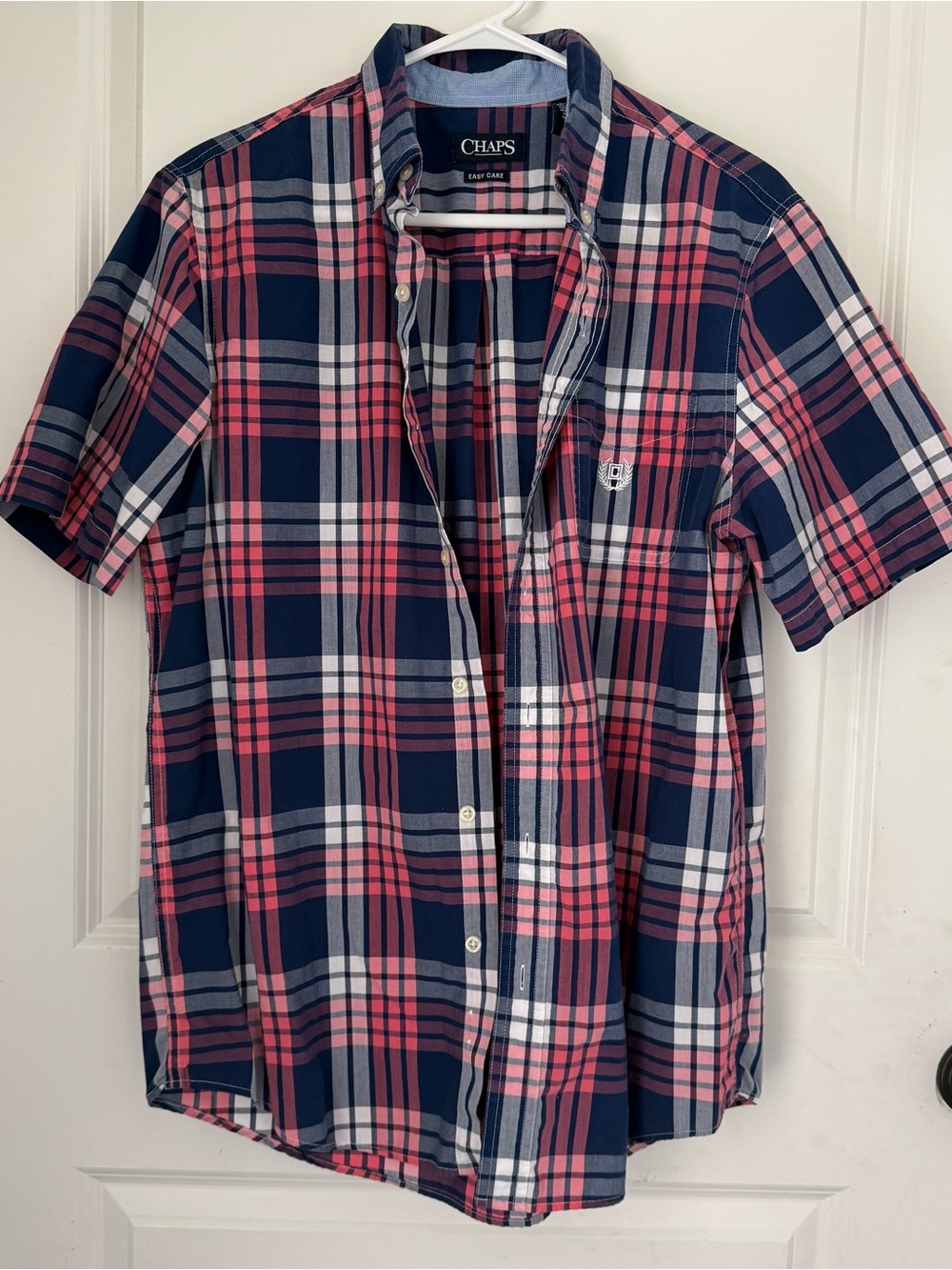 Men's Short Sleeve Plaid Chaps Shirt - Navy & Pink
